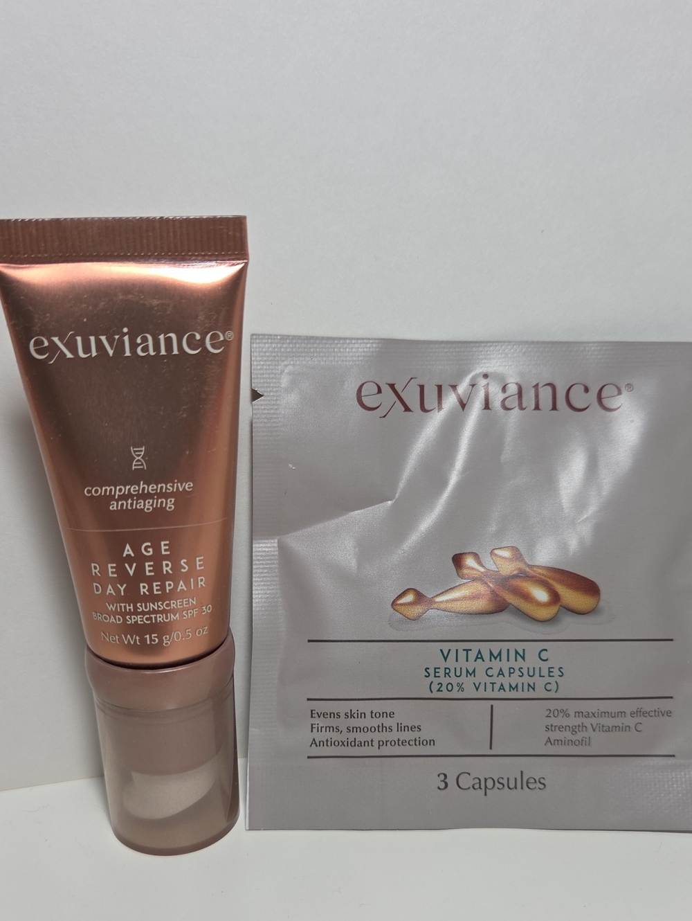 Exuviance Age Reverse Day Repair 0.5oz + Vitamin C Capsules sample